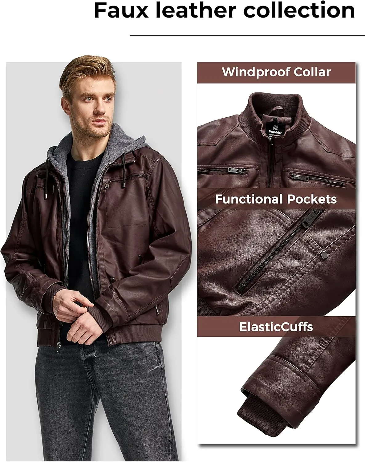 wantdo Men's Faux Leather Jacket with Removable Hood Motorcycle Jacket Casual Warm Winter Coat