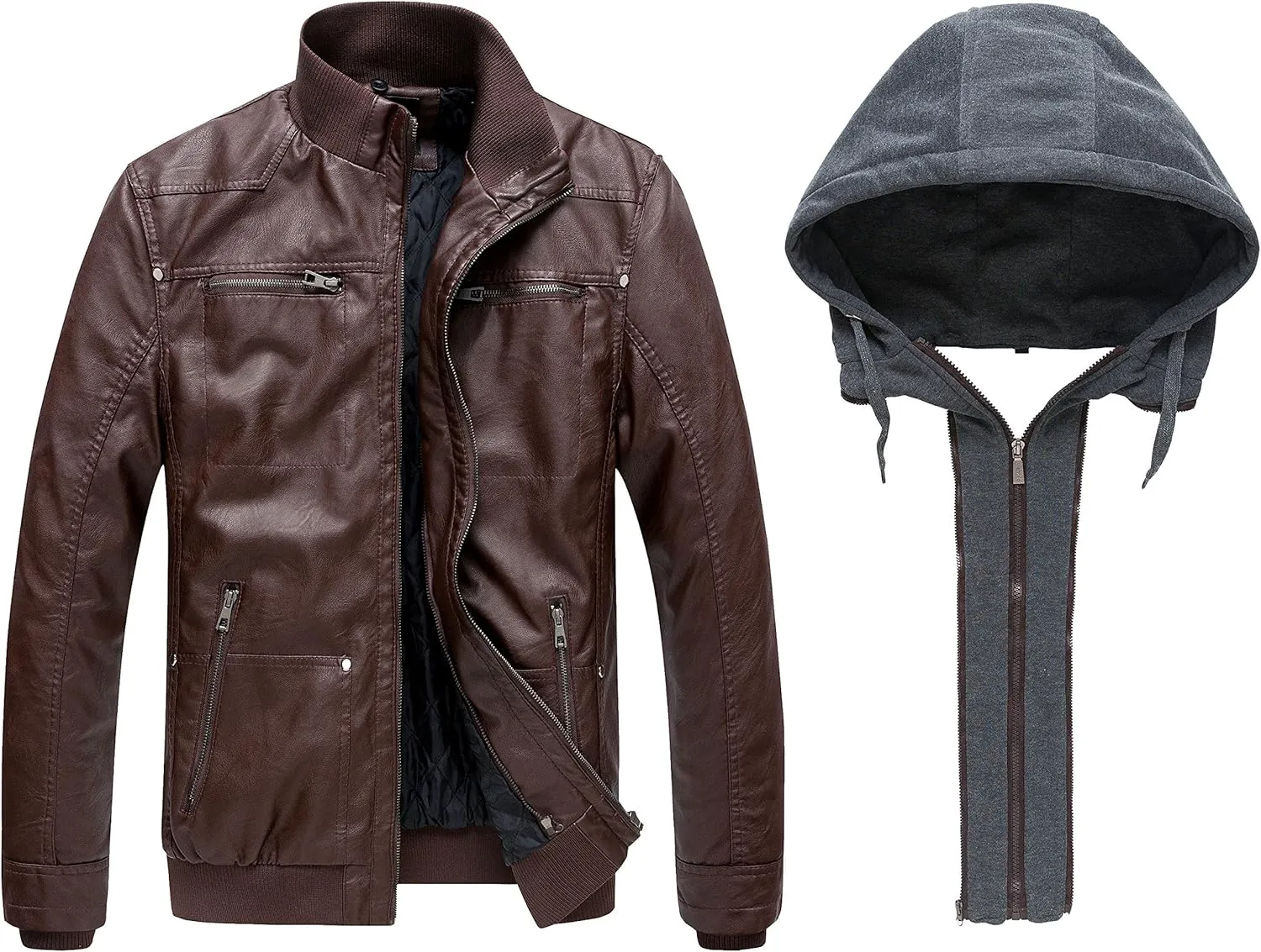 wantdo Men's Faux Leather Jacket with Removable Hood Motorcycle Jacket Casual Warm Winter Coat