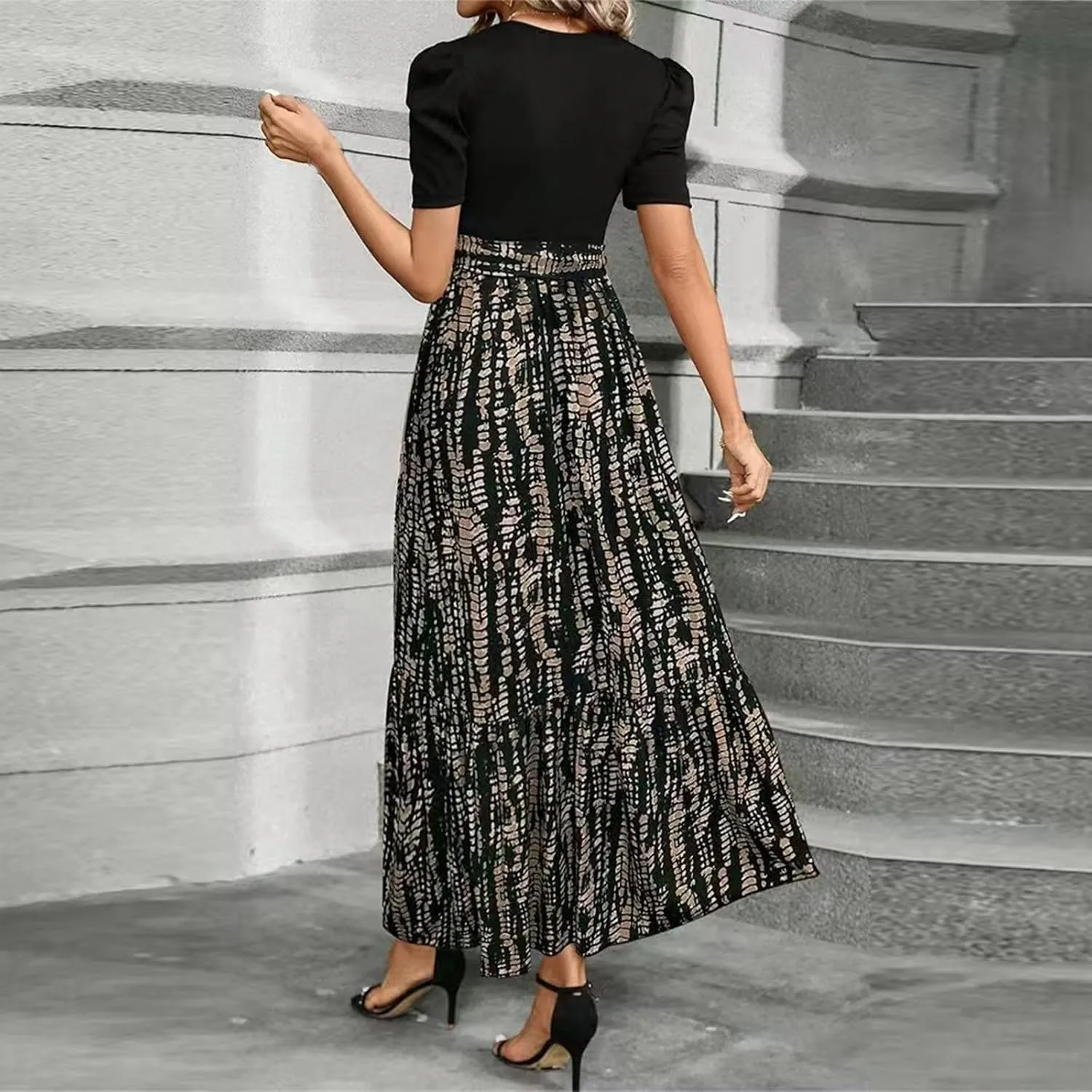 Wedding Guest Dresses for Women Summer Short Sleeve Floral Long Dress Elegant Party Cocktail A Line Flowy Maxi Dress