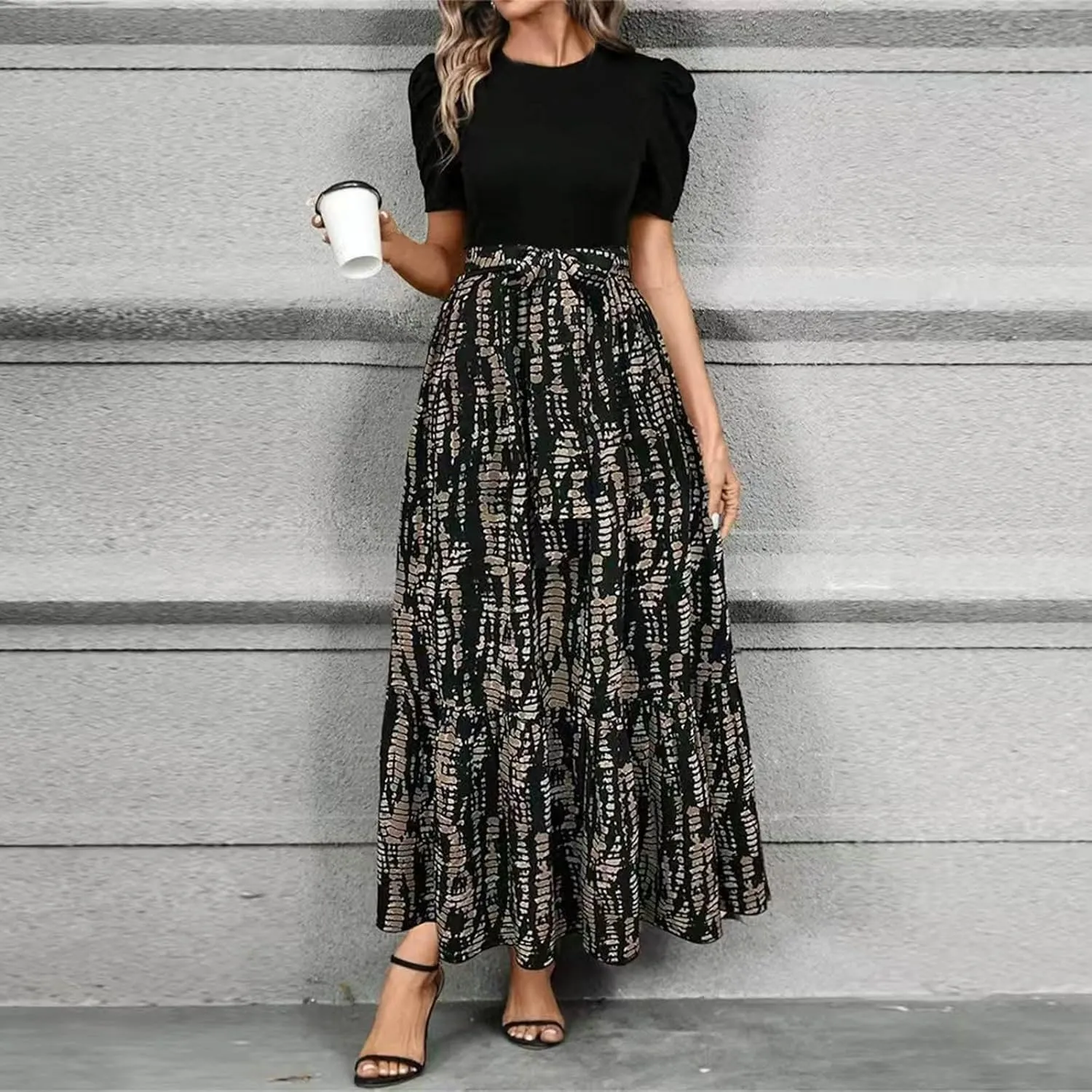 Wedding Guest Dresses for Women Summer Short Sleeve Floral Long Dress Elegant Party Cocktail A Line Flowy Maxi Dress