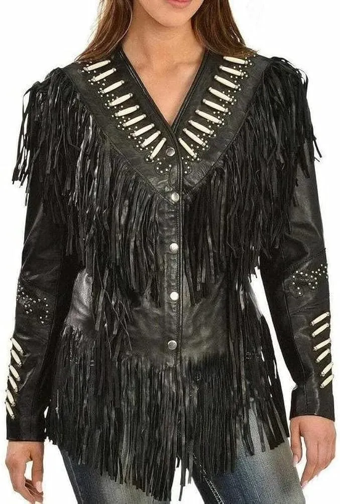 Western Genuine Cowhide Leather Jacket Women Cow-lady Native American Beaded & Fringe Cowgirl Jacket Tassels
