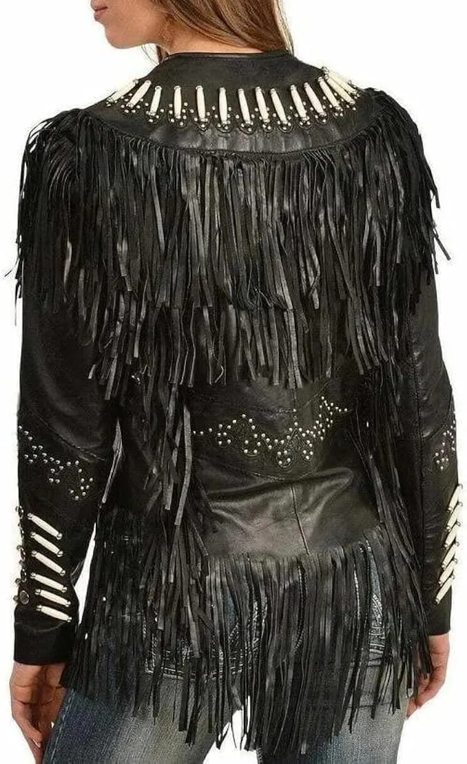 Western Genuine Cowhide Leather Jacket Women Cow-lady Native American Beaded & Fringe Cowgirl Jacket Tassels