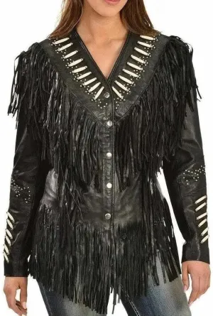 Western Genuine Cowhide Leather Jacket Women Cow-lady Native American Beaded & Fringe Cowgirl Jacket Tassels