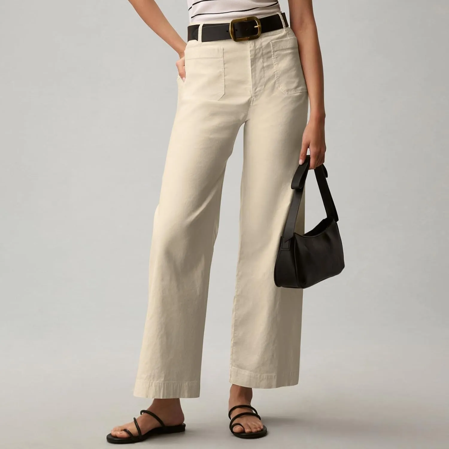 Wide Leg Jeans Women High Waisted Stretch Twill Cropped Pants with Pocket Casual Straight Leg Pants Comfy Chino Pants