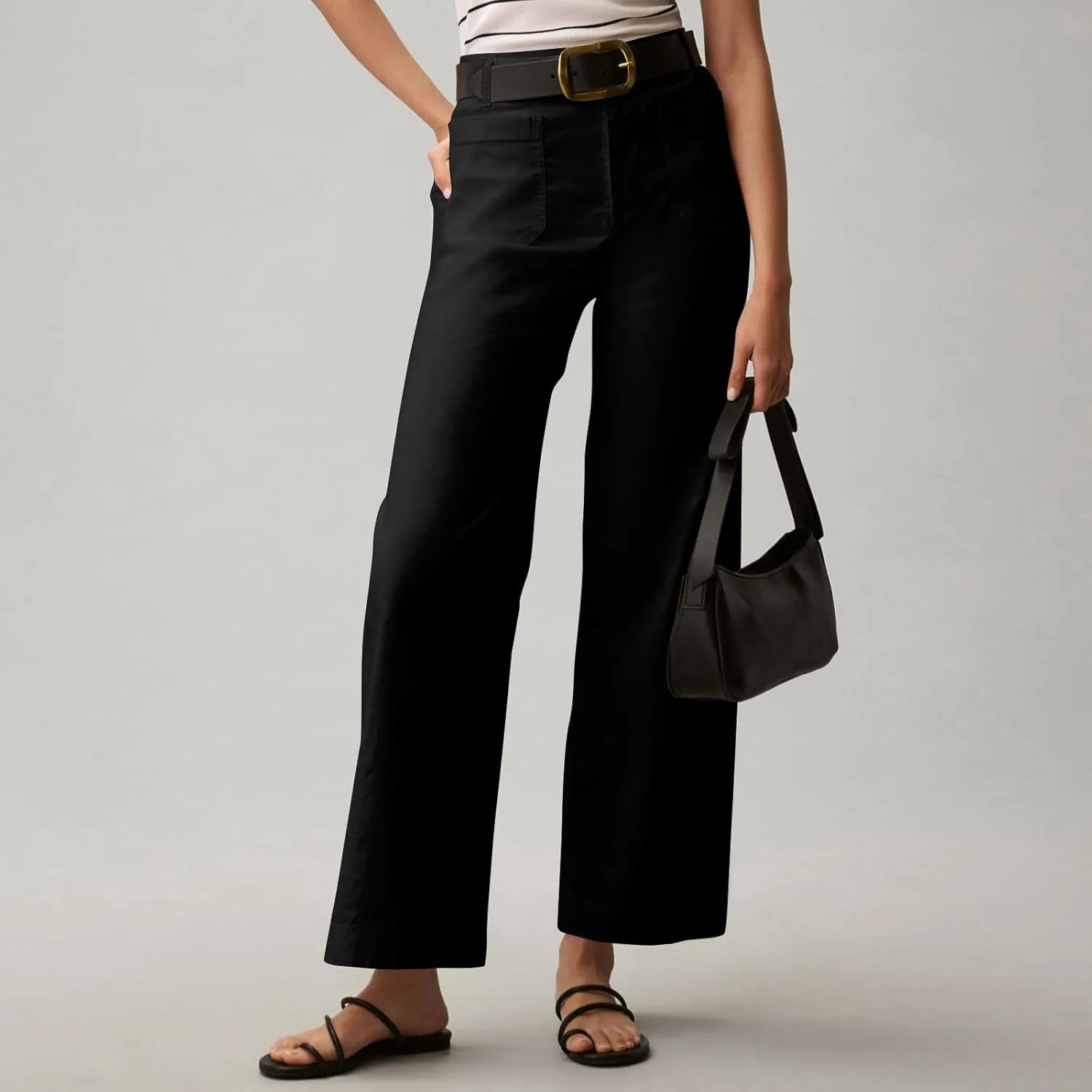 Wide Leg Jeans Women High Waisted Stretch Twill Cropped Pants with Pocket Casual Straight Leg Pants Comfy Chino Pants