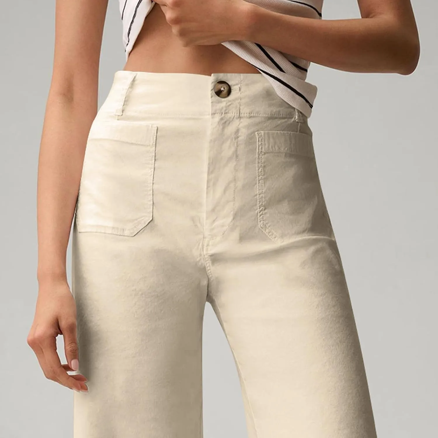 Wide Leg Jeans Women High Waisted Stretch Twill Cropped Pants with Pocket Casual Straight Leg Pants Comfy Chino Pants