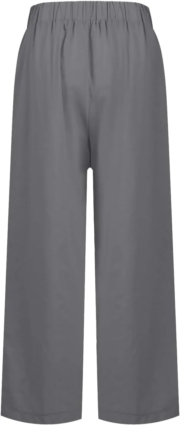 Wide Leg Linen Pants for Women Plus Size Cropped Linen Pants Casual Summer Elastic High Waisted Lounge Pants