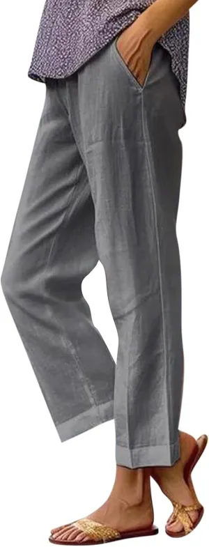 Wide Leg Linen Pants for Women Plus Size Cropped Linen Pants Casual Summer Elastic High Waisted Lounge Pants