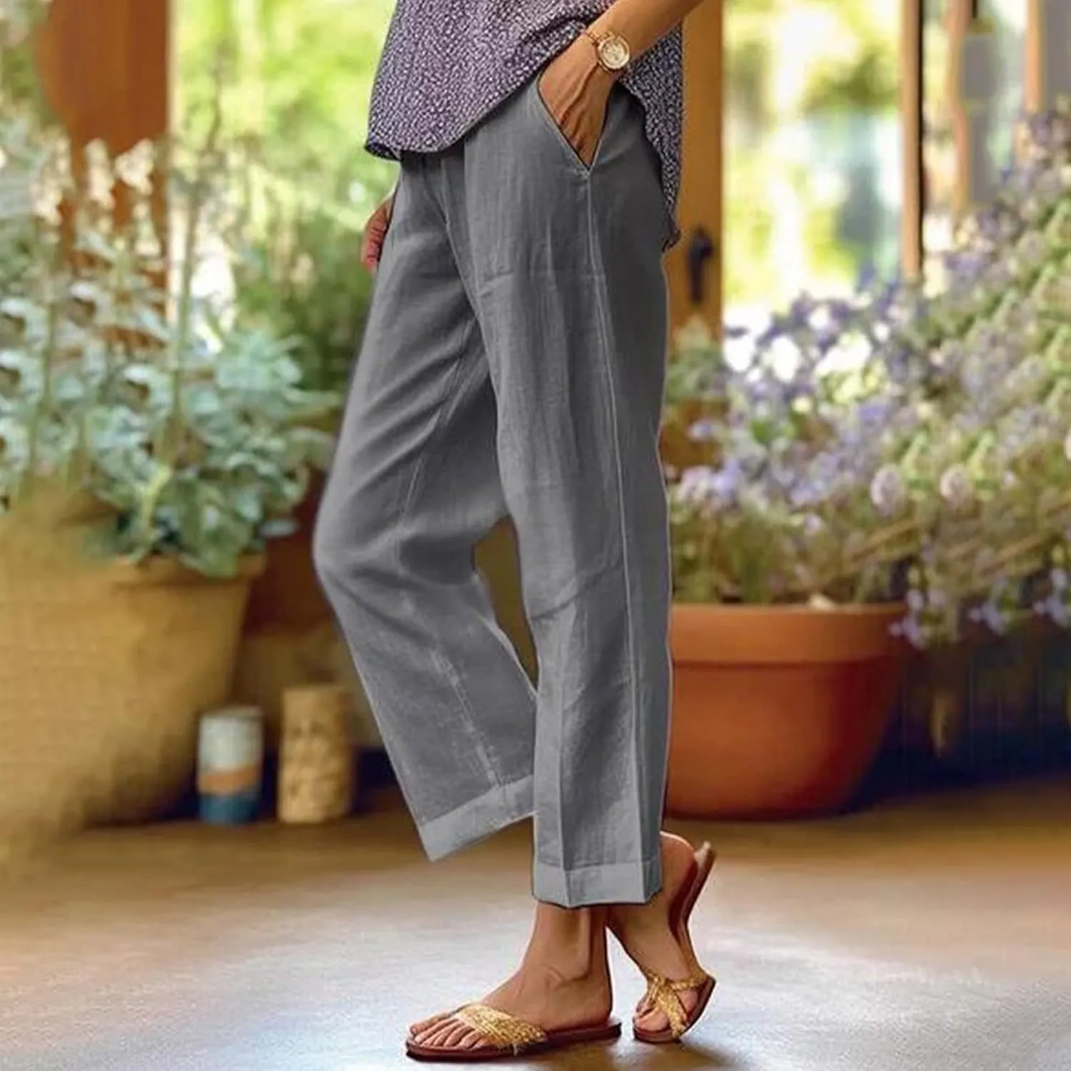 Wide Leg Linen Pants for Women Plus Size Cropped Linen Pants Casual Summer Elastic High Waisted Lounge Pants