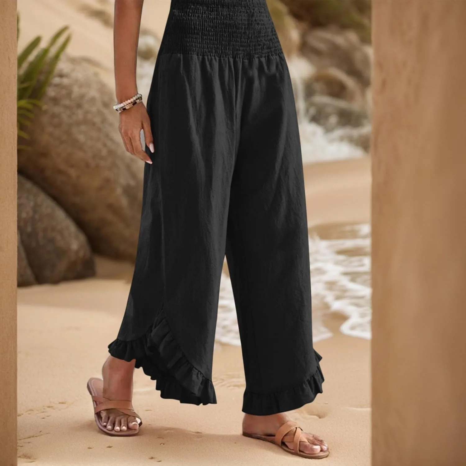 Wide Leg Linen Pants for Women Smocked Elastic Waist Ruffle Hem Holiday Beach Pants with Pockets Summer Palazzo Pants