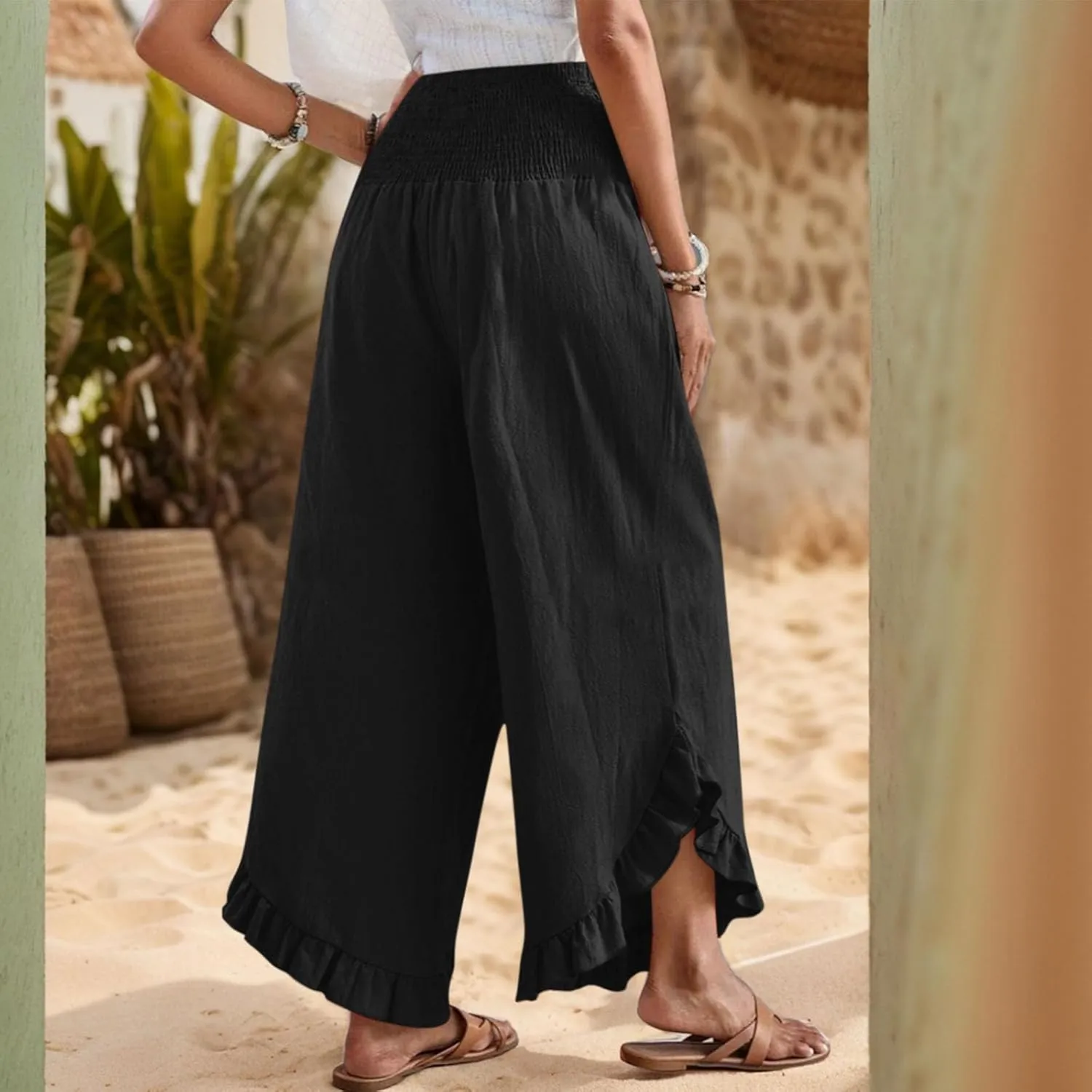 Wide Leg Linen Pants for Women Smocked Elastic Waist Ruffle Hem Holiday Beach Pants with Pockets Summer Palazzo Pants