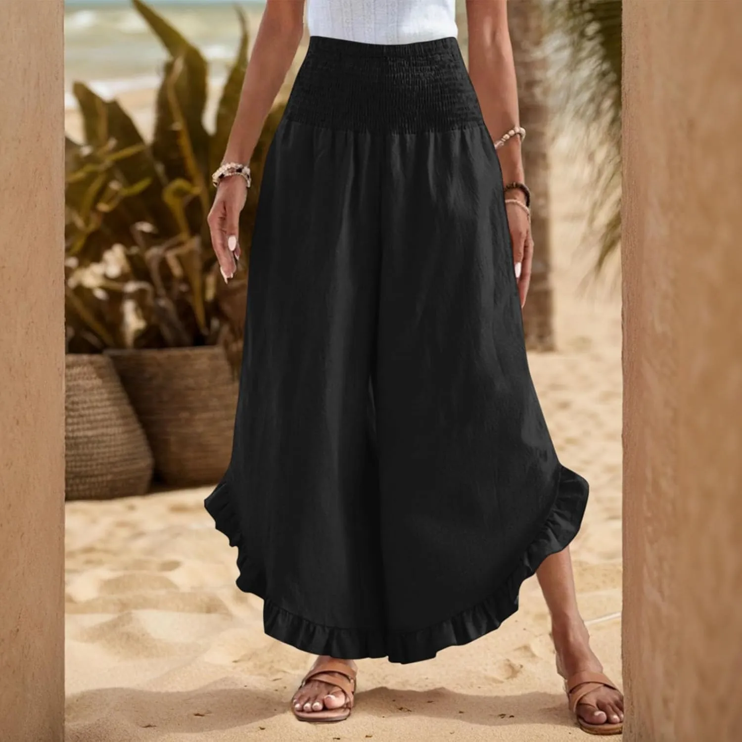 Wide Leg Linen Pants for Women Smocked Elastic Waist Ruffle Hem Holiday Beach Pants with Pockets Summer Palazzo Pants