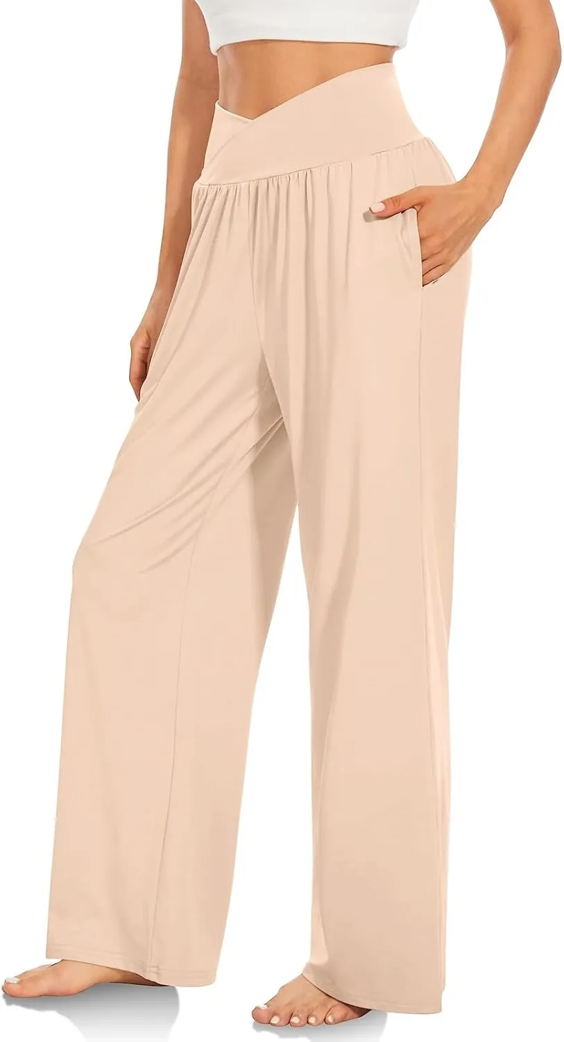 Wide Leg Yoga Pants for Women Tummy Control V Waist Yoga Pants Casual Flowy Palazzo Pants with Pockets Pajama Pants