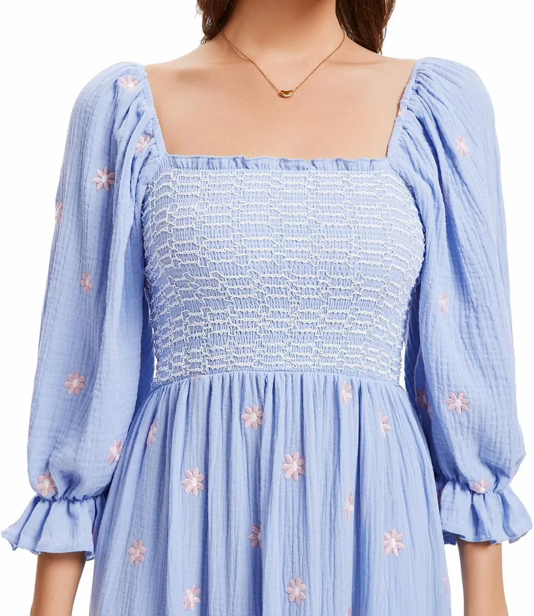 Willow Dance Women Casual Bohemian Floral Dress Square Neck Ruffle Swing A Line Long Sleeve Beach Maxi Dress with Pockets