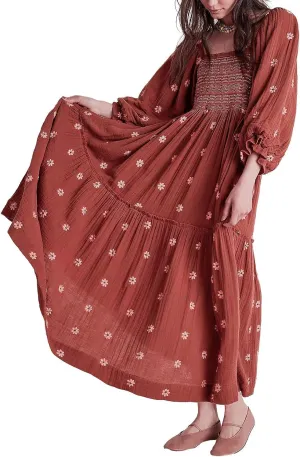 Willow Dance Women Casual Bohemian Floral Dress Square Neck Ruffle Swing A Line Long Sleeve Beach Maxi Dress with Pockets