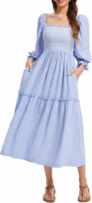 Willow Dance Women Casual Bohemian Floral Dress Square Neck Ruffle Swing A Line Long Sleeve Beach Maxi Dress with Pockets