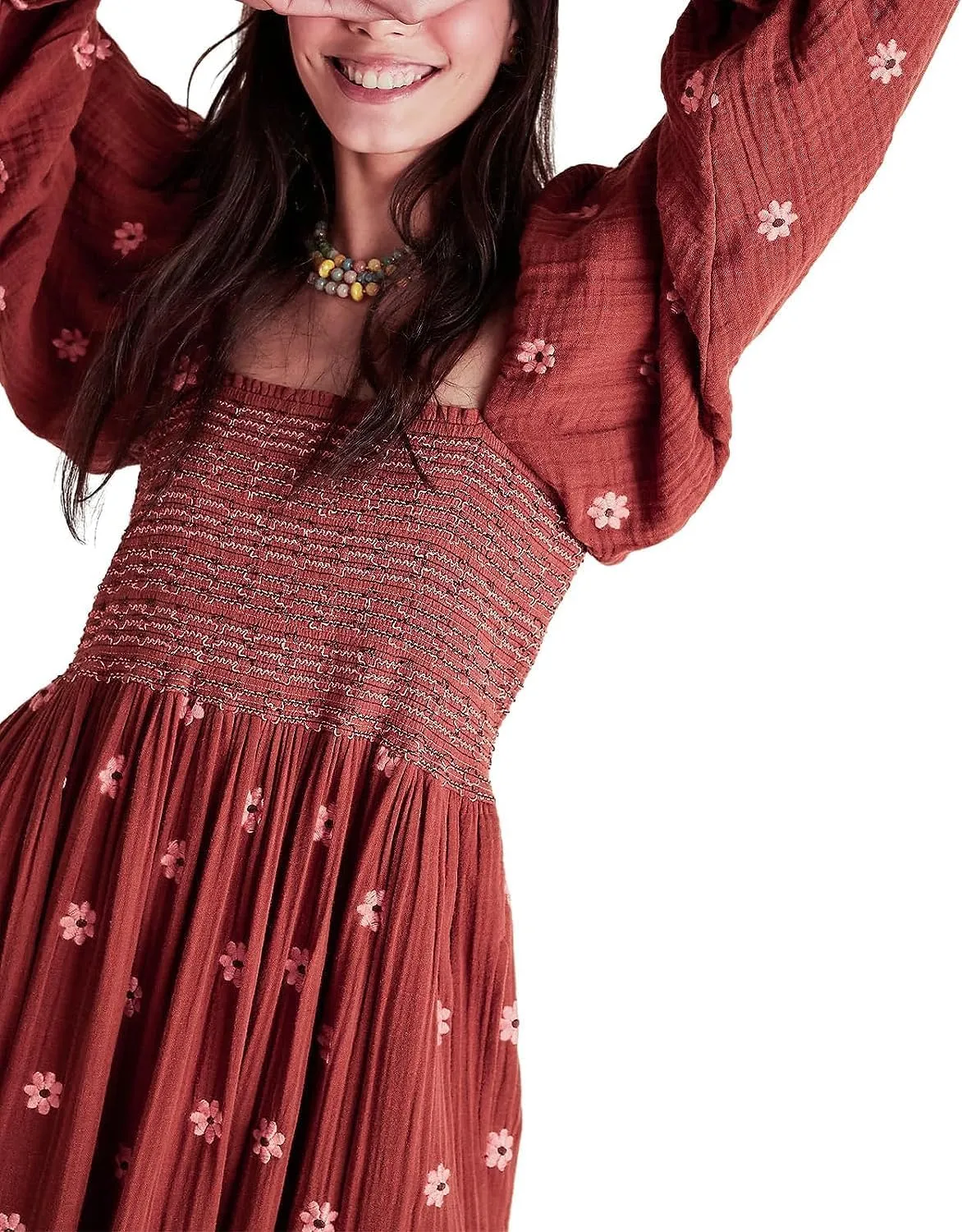 Willow Dance Women Casual Bohemian Floral Dress Square Neck Ruffle Swing A Line Long Sleeve Beach Maxi Dress with Pockets