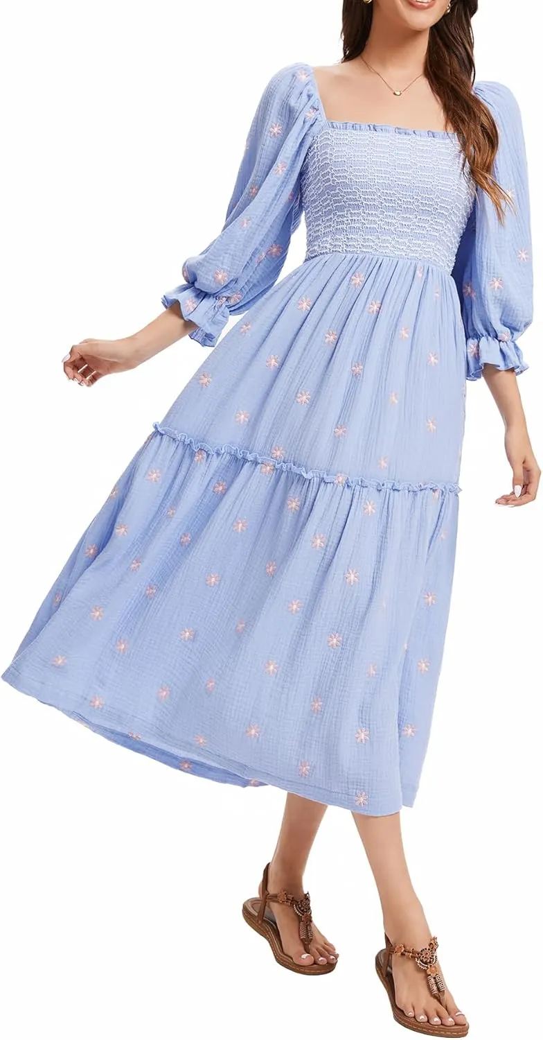 Willow Dance Women Casual Bohemian Floral Dress Square Neck Ruffle Swing A Line Long Sleeve Beach Maxi Dress with Pockets