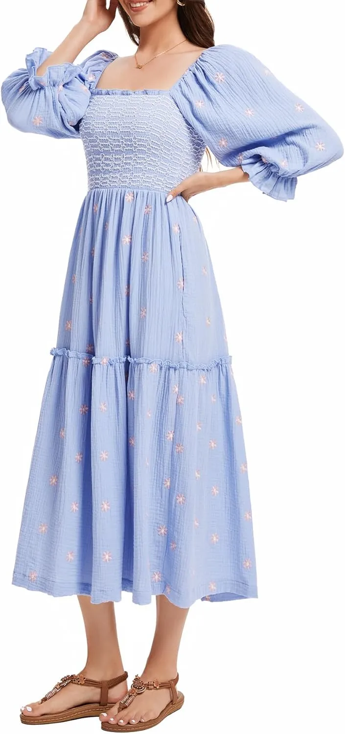 Willow Dance Women Casual Bohemian Floral Dress Square Neck Ruffle Swing A Line Long Sleeve Beach Maxi Dress with Pockets