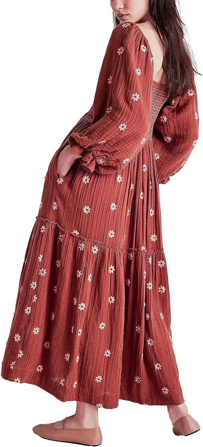 Willow Dance Women Casual Bohemian Floral Dress Square Neck Ruffle Swing A Line Long Sleeve Beach Maxi Dress with Pockets