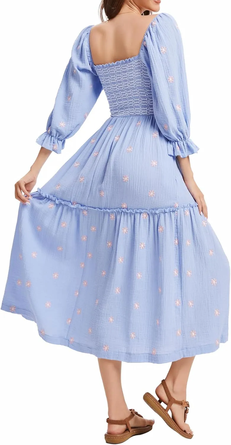 Willow Dance Women Casual Bohemian Floral Dress Square Neck Ruffle Swing A Line Long Sleeve Beach Maxi Dress with Pockets