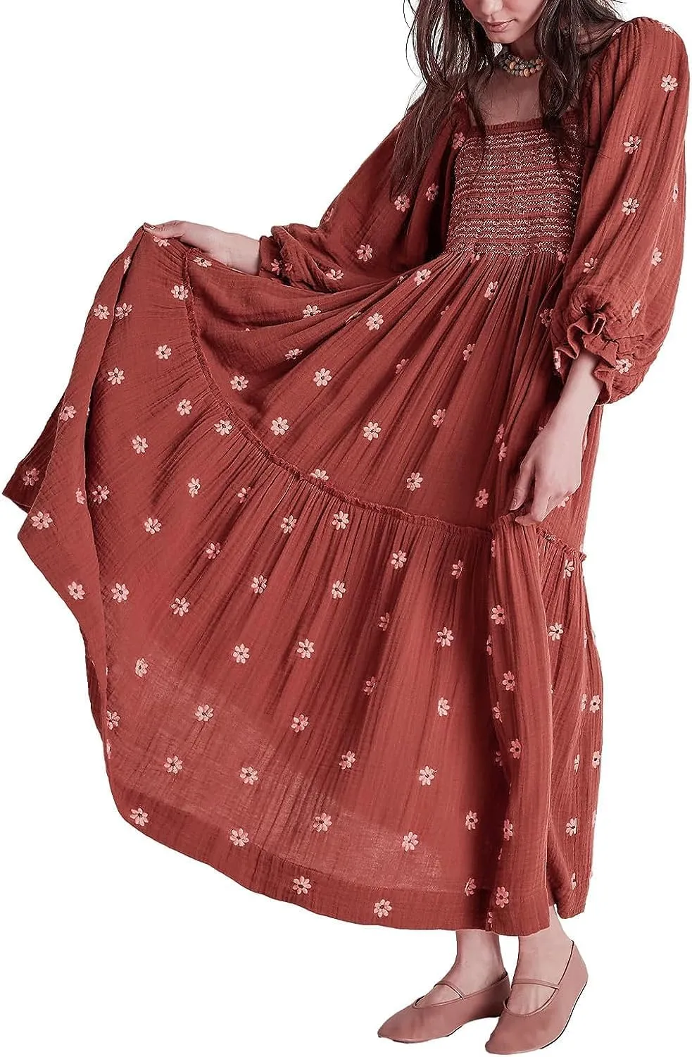 Willow Dance Women Casual Bohemian Floral Dress Square Neck Ruffle Swing A Line Long Sleeve Beach Maxi Dress with Pockets