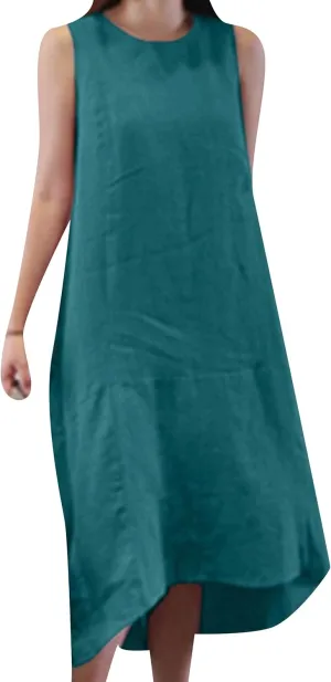 WIWIQS Womens Casual Loose Cotton Linen Tank Dress Solid Color Crew Neck Sleeveless Flowy Midi Dresses
