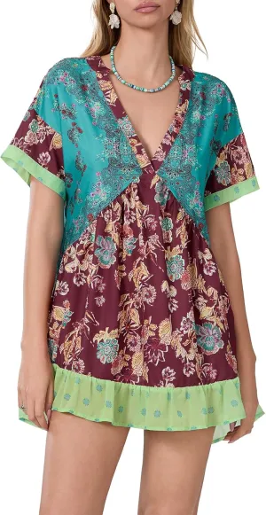 Women Bohemian Floral Mini Dress V Neck Boho Sundress Short Sleeve Flowy Babydoll Dress Summer Beach Dress