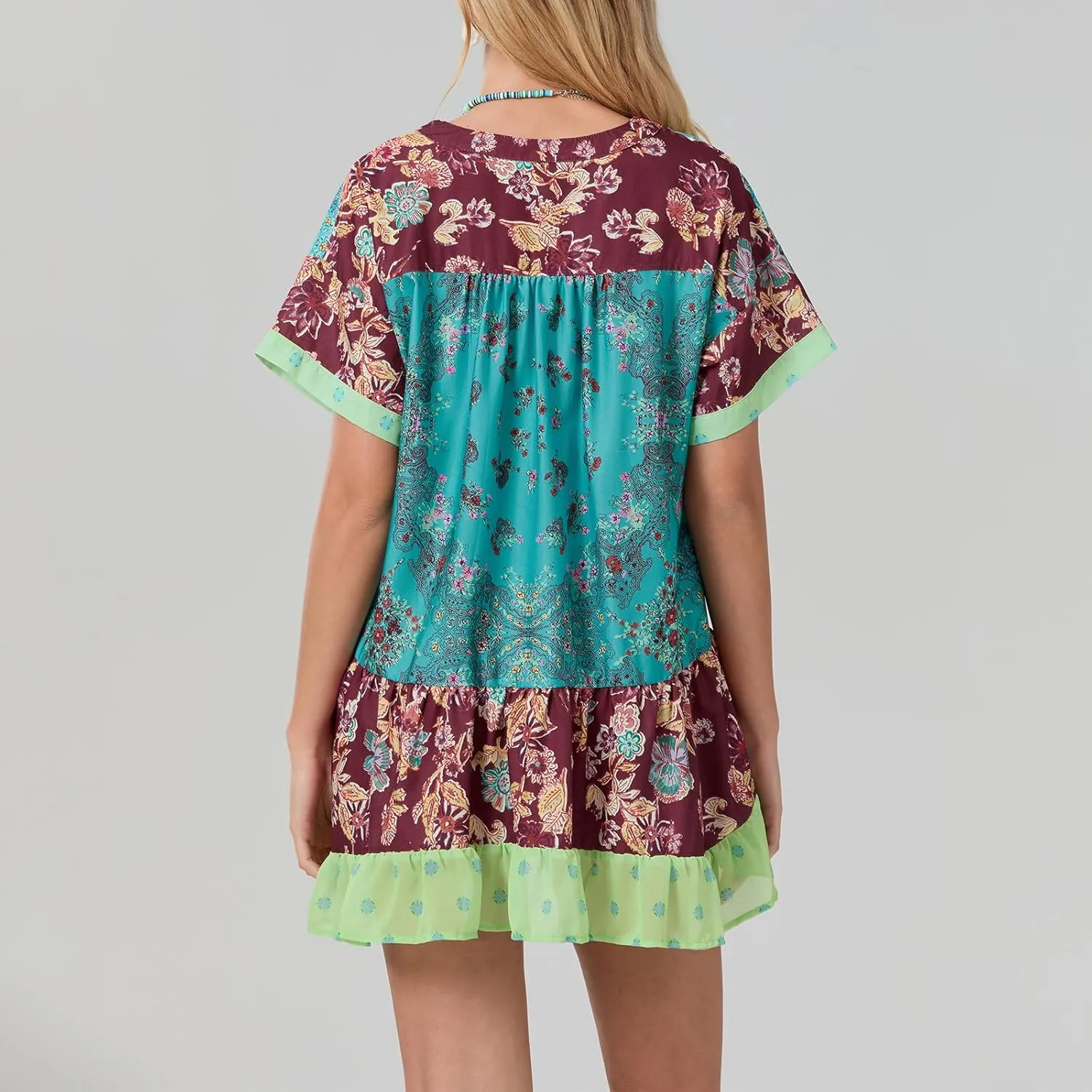 Women Bohemian Floral Mini Dress V Neck Boho Sundress Short Sleeve Flowy Babydoll Dress Summer Beach Dress