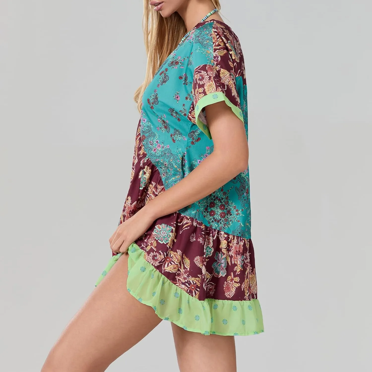 Women Bohemian Floral Mini Dress V Neck Boho Sundress Short Sleeve Flowy Babydoll Dress Summer Beach Dress