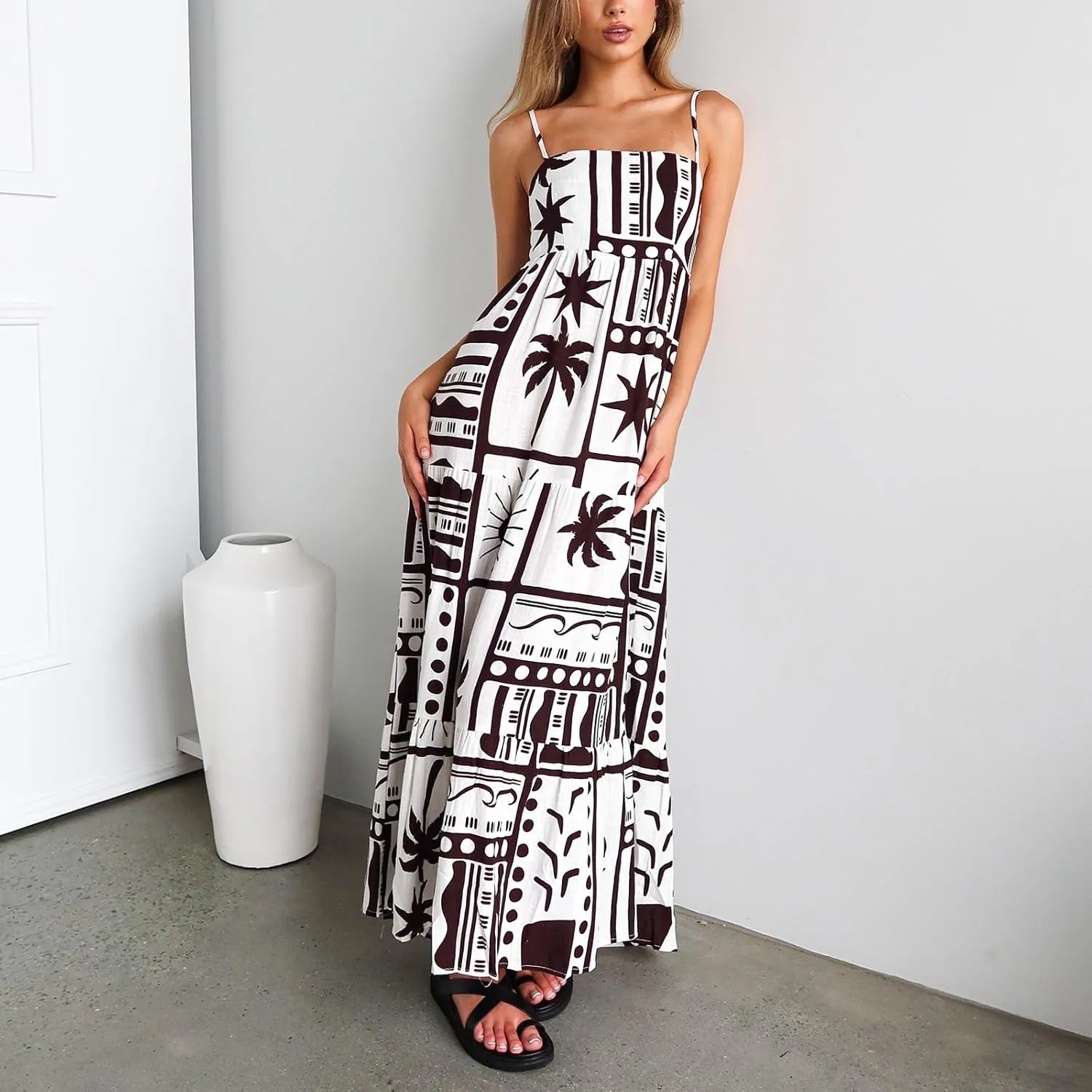 Women Boho Floral Cami Maxi Dress Spaghetti Strap Flowy Long Beach Dress Summer Graphic Print Vacation Sundress