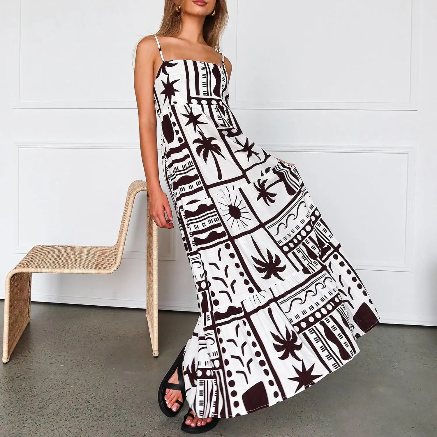 Women Boho Floral Cami Maxi Dress Spaghetti Strap Flowy Long Beach Dress Summer Graphic Print Vacation Sundress