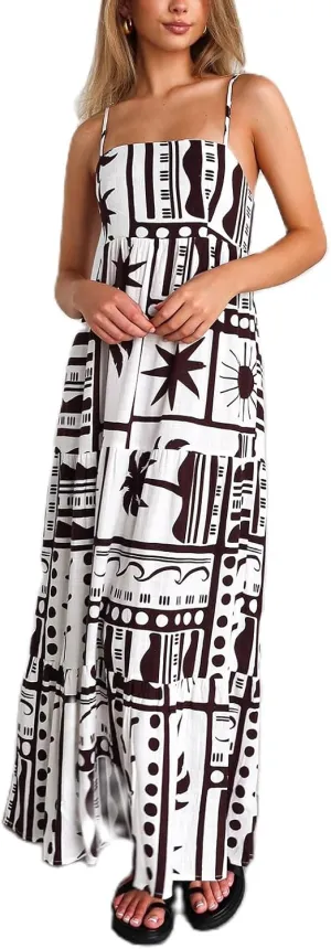Women Boho Floral Cami Maxi Dress Spaghetti Strap Flowy Long Beach Dress Summer Graphic Print Vacation Sundress