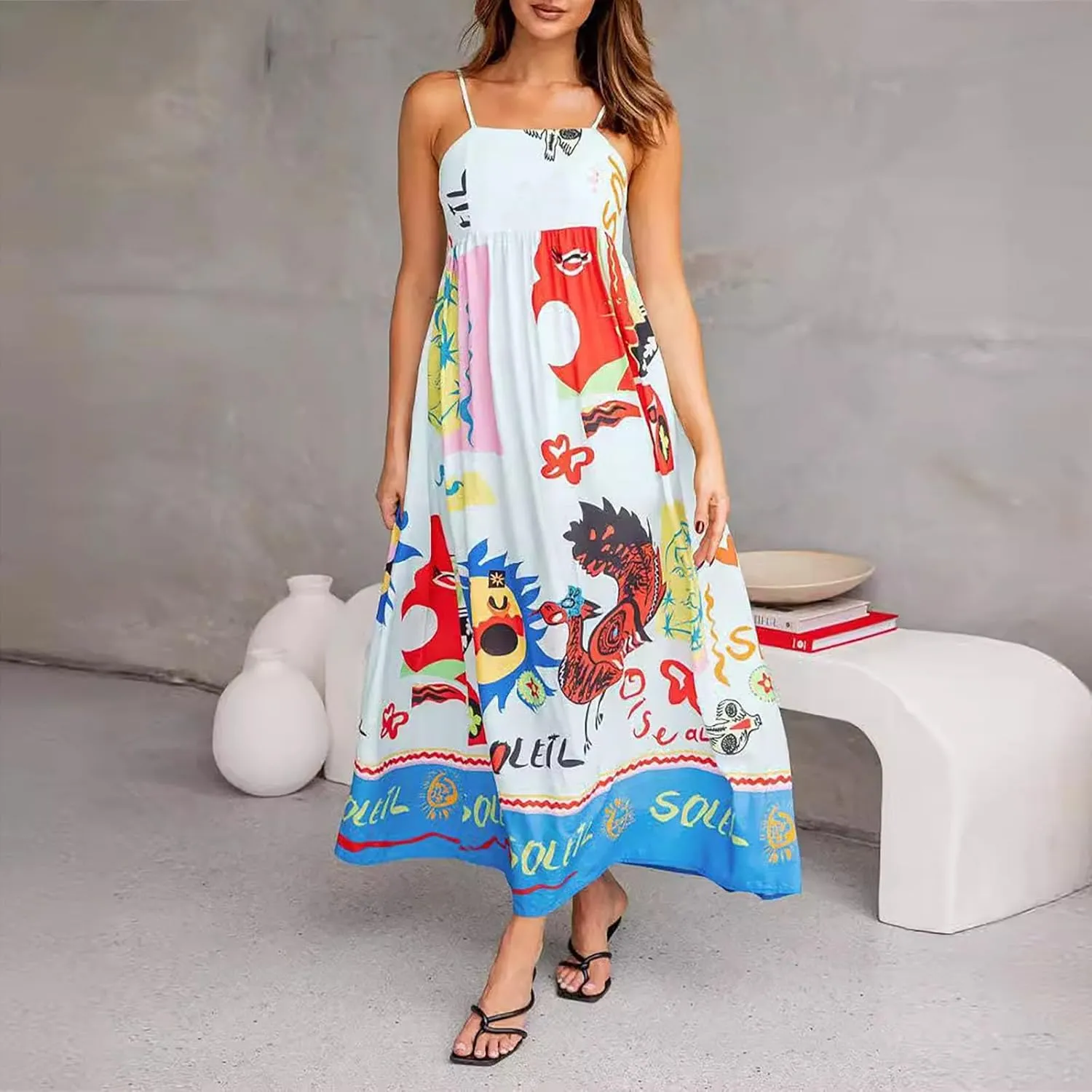 Women Boho Graffiti Long Dress Graphic Spaghetti Strap Flowy Dress Square Neck Colorful A Line Sundress 2024 Trendy