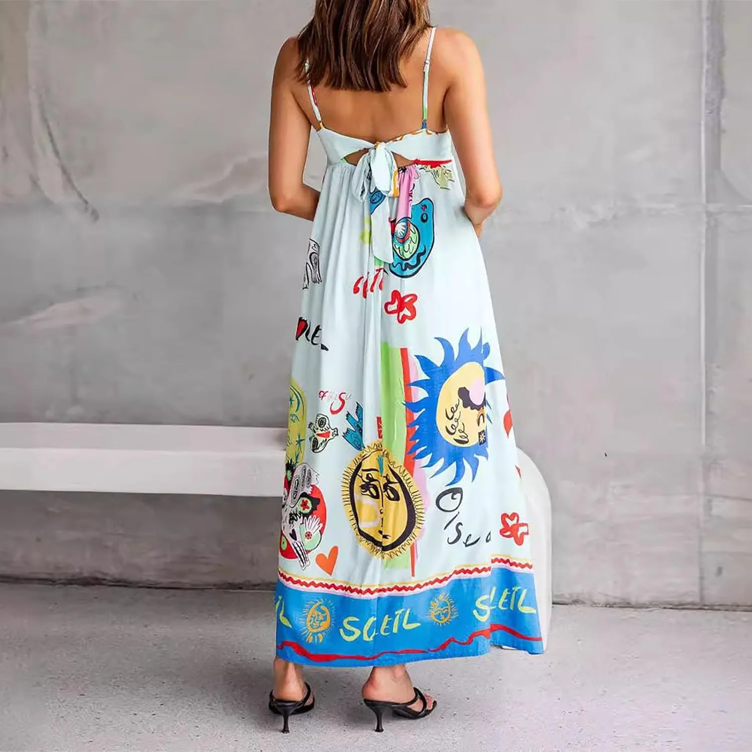 Women Boho Graffiti Long Dress Graphic Spaghetti Strap Flowy Dress Square Neck Colorful A Line Sundress 2024 Trendy