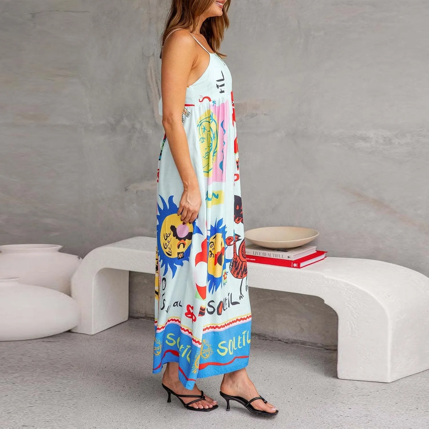 Women Boho Graffiti Long Dress Graphic Spaghetti Strap Flowy Dress Square Neck Colorful A Line Sundress 2024 Trendy