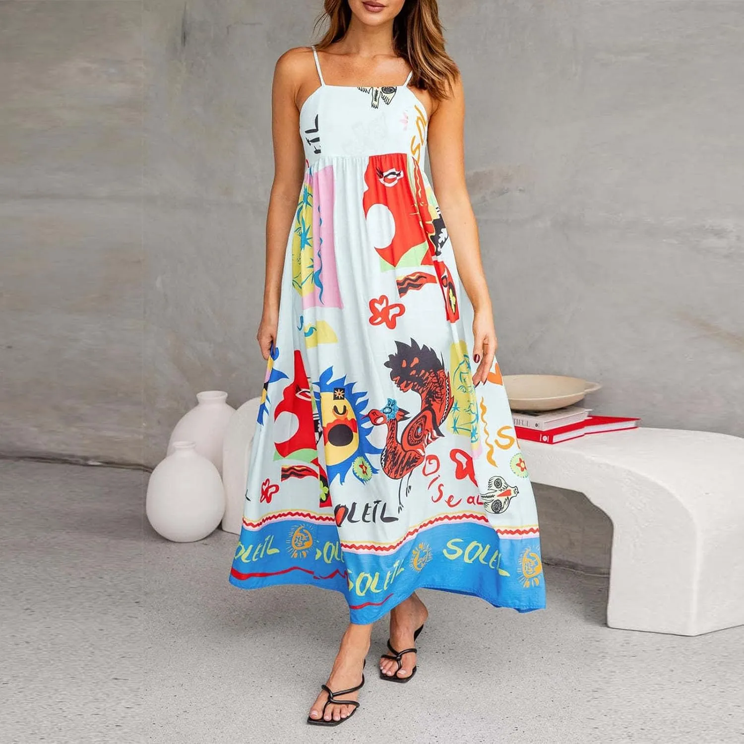 Women Boho Graffiti Long Dress Graphic Spaghetti Strap Flowy Dress Square Neck Colorful A Line Sundress 2024 Trendy