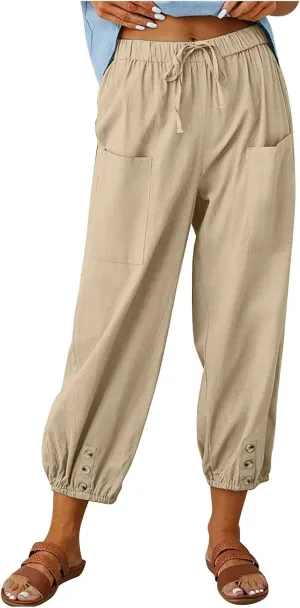 Women Casual Lantern Tapered Harem Pants Solid Loose Fit Style Cotton Linen Capris Pants Elastic Waist Cotton Trouser