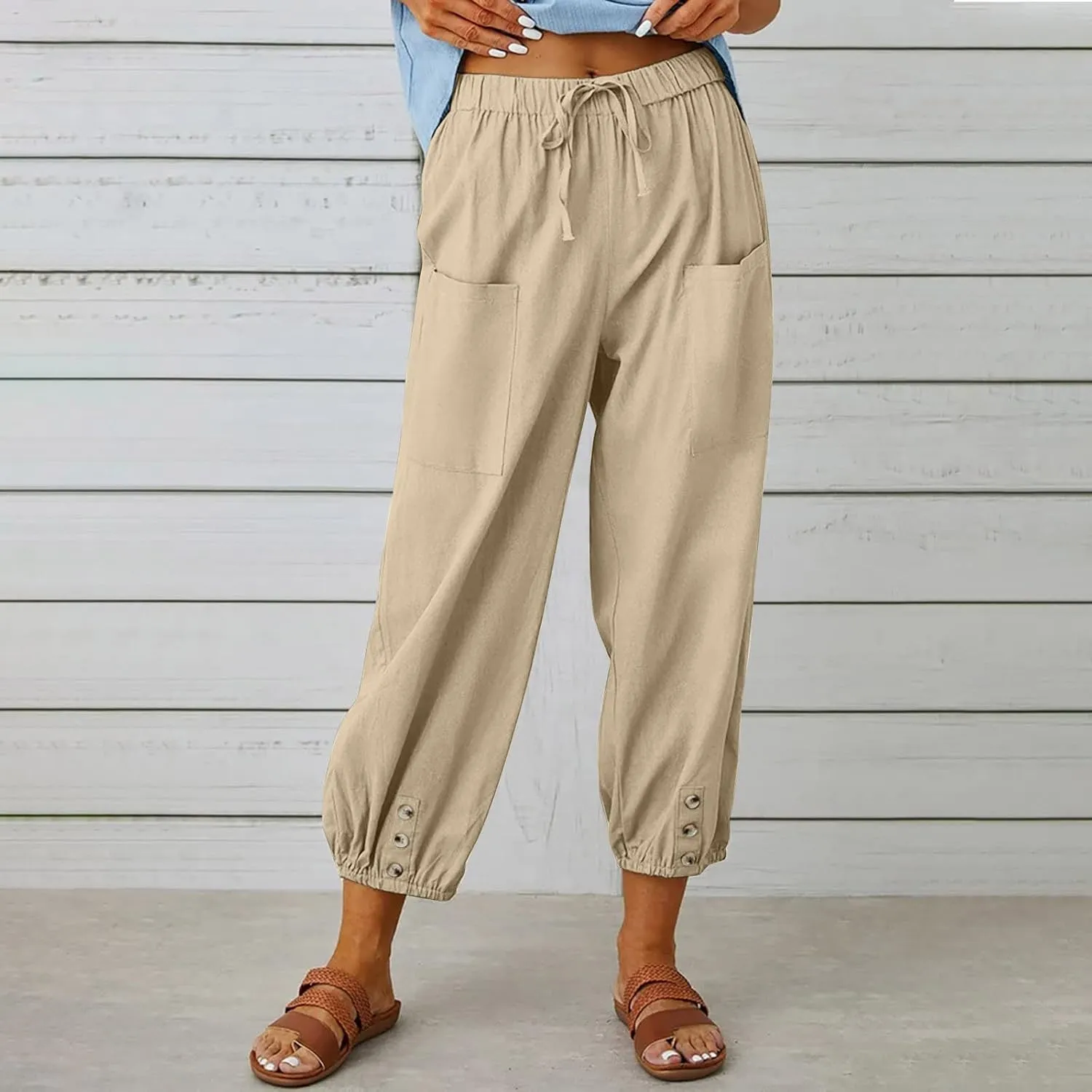 Women Casual Lantern Tapered Harem Pants Solid Loose Fit Style Cotton Linen Capris Pants Elastic Waist Cotton Trouser