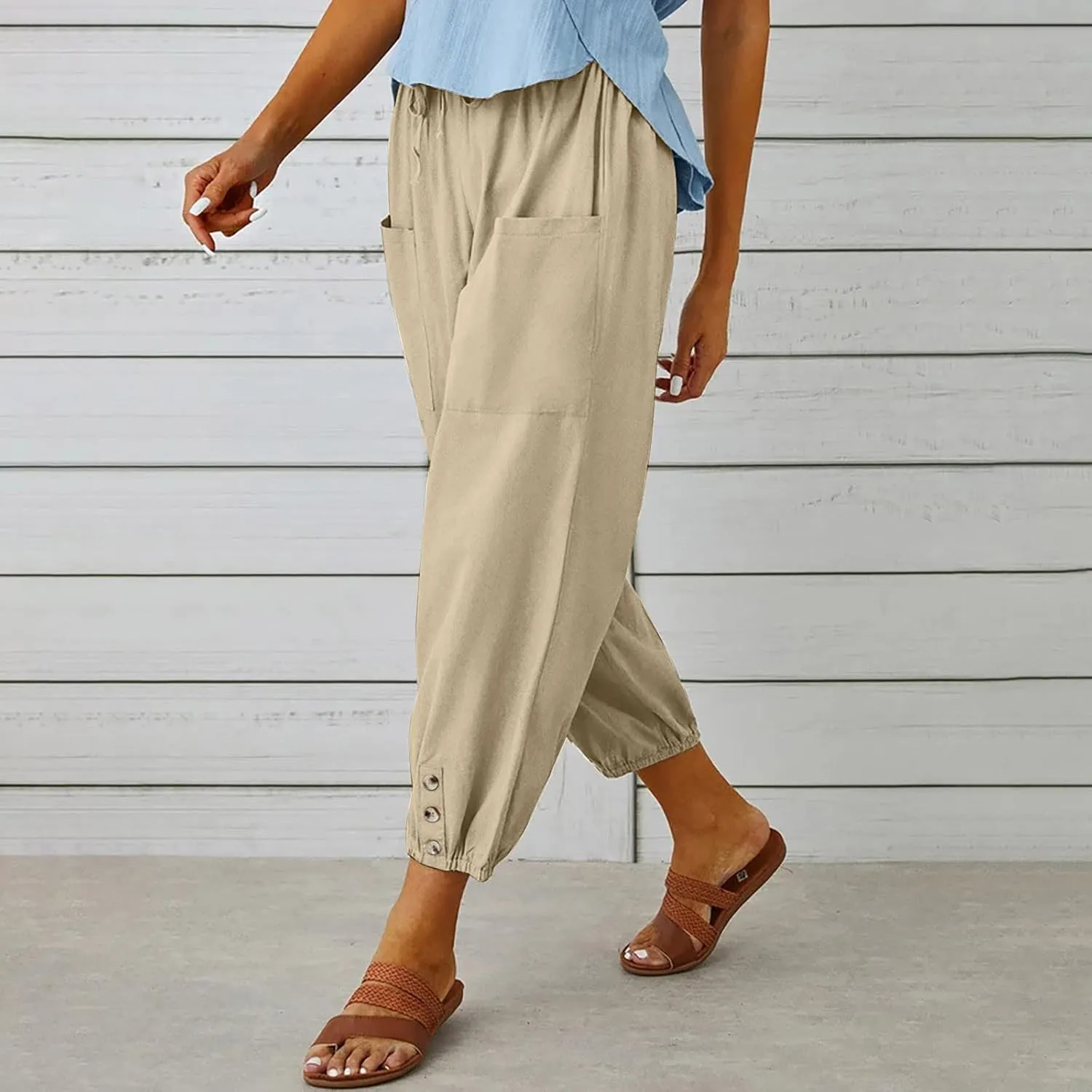 Women Casual Lantern Tapered Harem Pants Solid Loose Fit Style Cotton Linen Capris Pants Elastic Waist Cotton Trouser