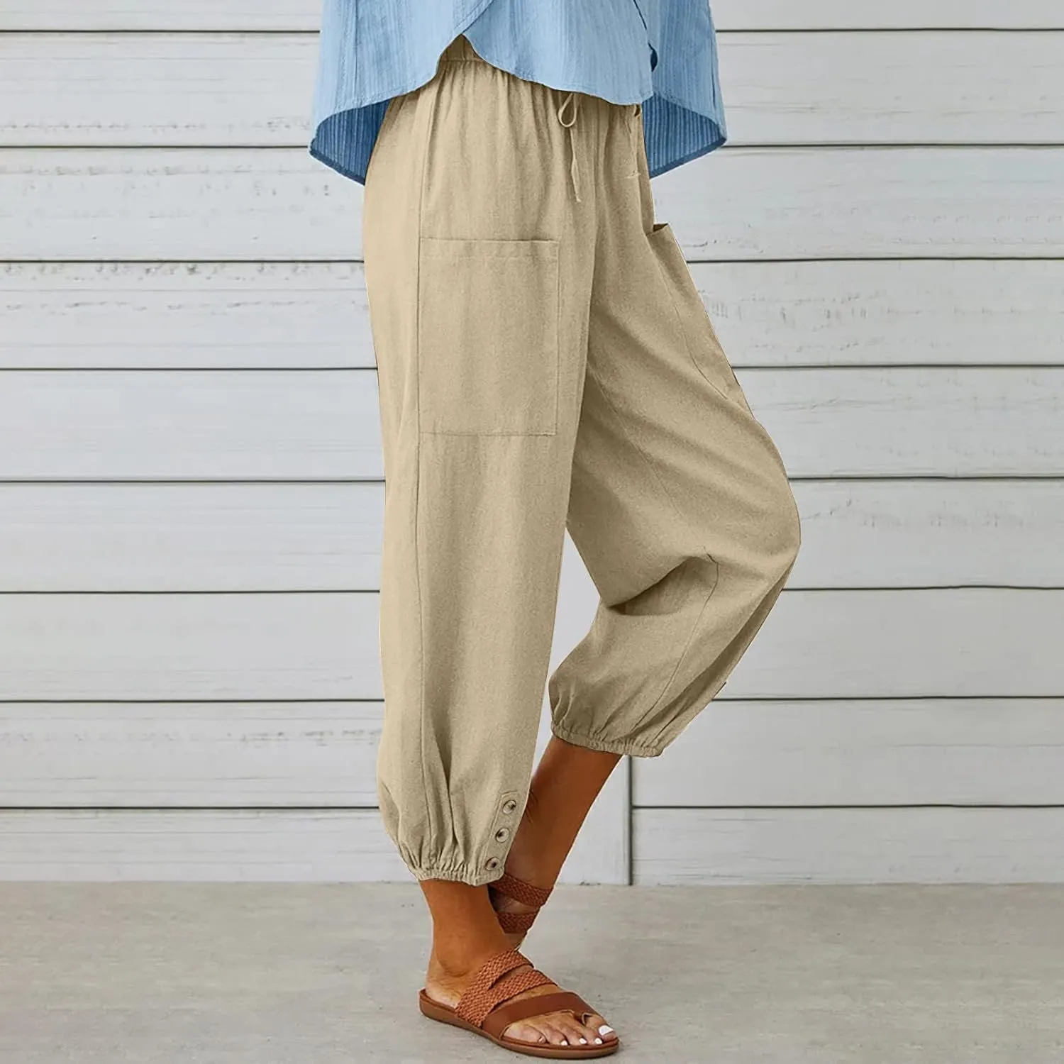Women Casual Lantern Tapered Harem Pants Solid Loose Fit Style Cotton Linen Capris Pants Elastic Waist Cotton Trouser