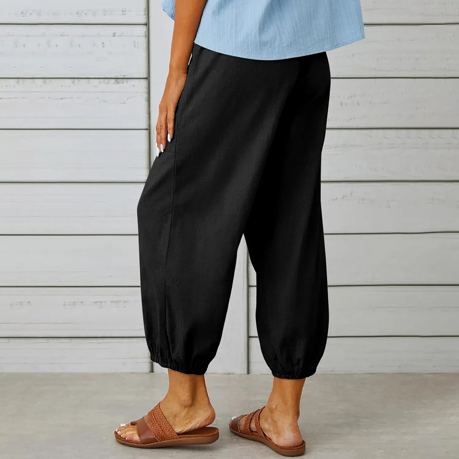 Women Casual Lantern Tapered Harem Pants Solid Loose Fit Style Cotton Linen Capris Pants Elastic Waist Cotton Trouser