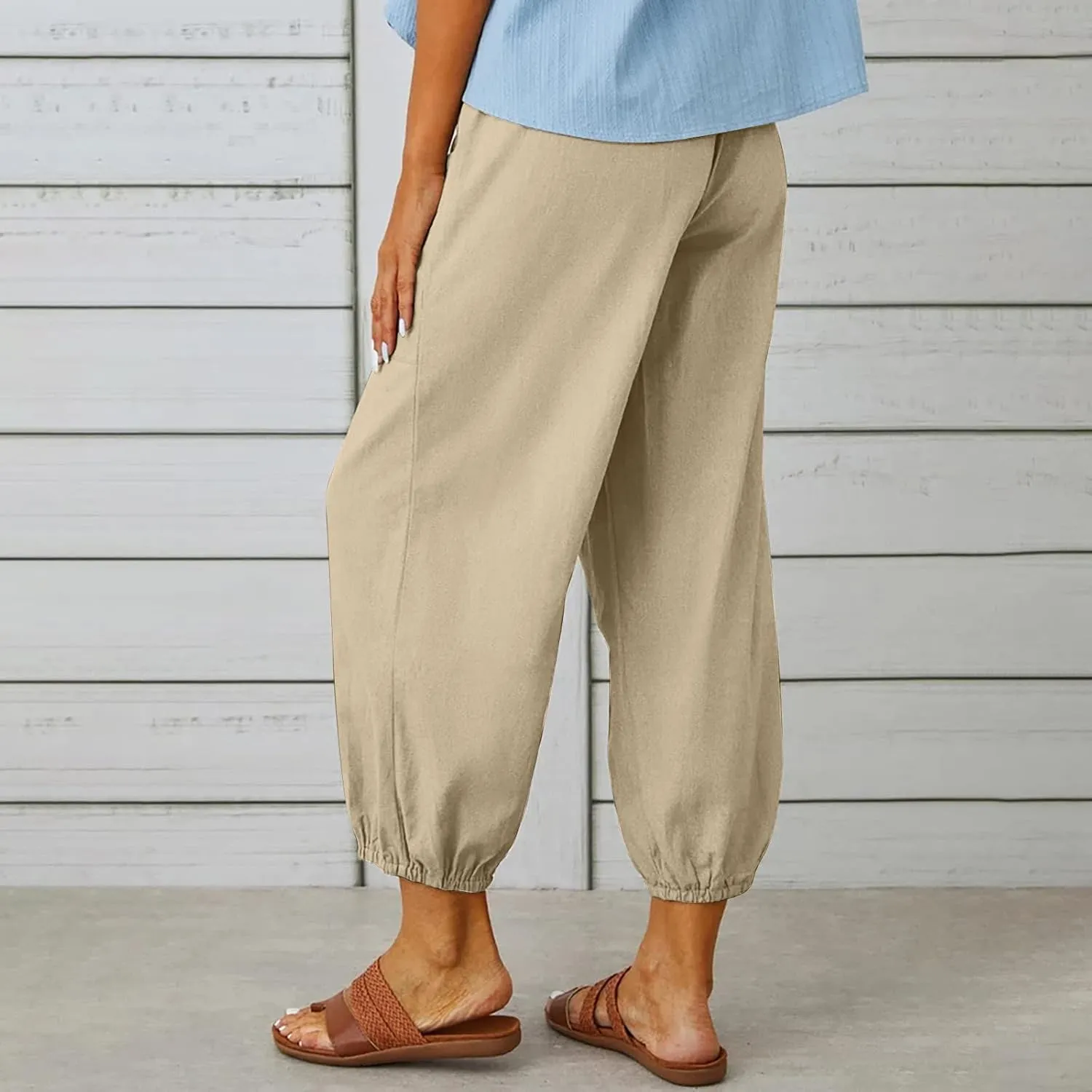Women Casual Lantern Tapered Harem Pants Solid Loose Fit Style Cotton Linen Capris Pants Elastic Waist Cotton Trouser