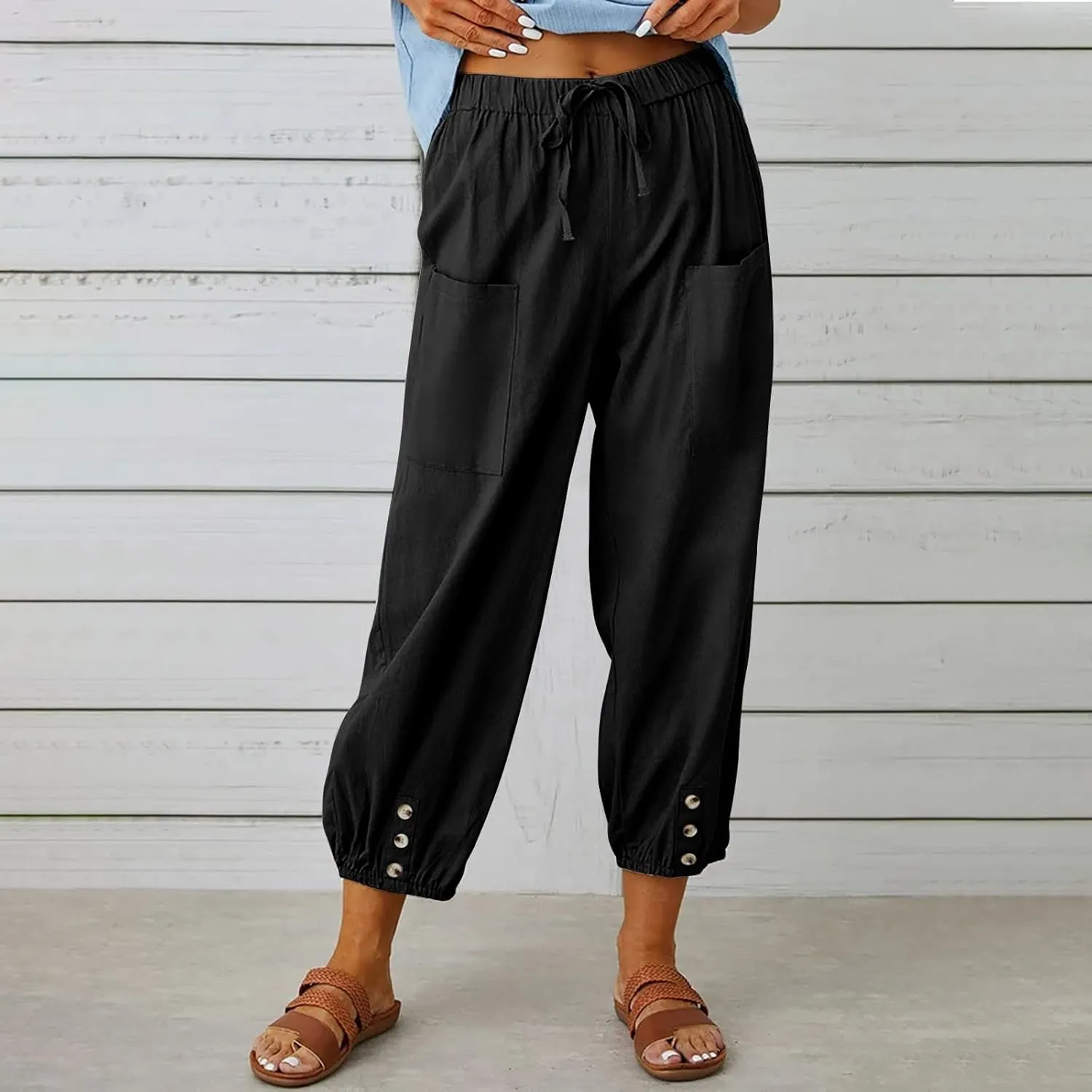 Women Casual Lantern Tapered Harem Pants Solid Loose Fit Style Cotton Linen Capris Pants Elastic Waist Cotton Trouser