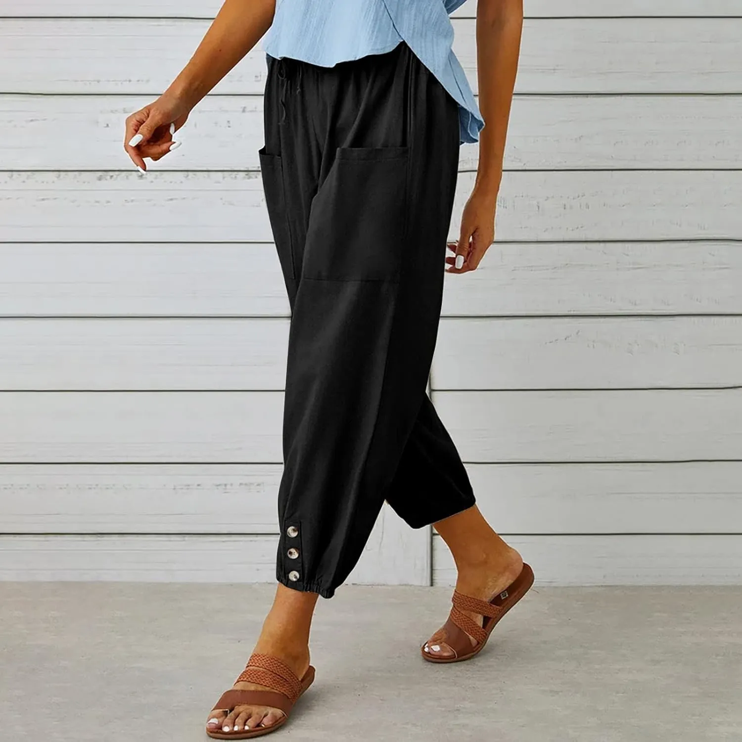 Women Casual Lantern Tapered Harem Pants Solid Loose Fit Style Cotton Linen Capris Pants Elastic Waist Cotton Trouser