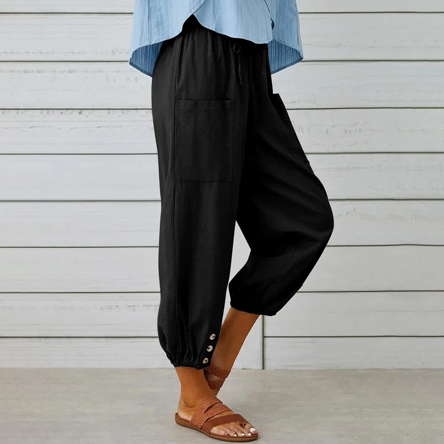 Women Casual Lantern Tapered Harem Pants Solid Loose Fit Style Cotton Linen Capris Pants Elastic Waist Cotton Trouser