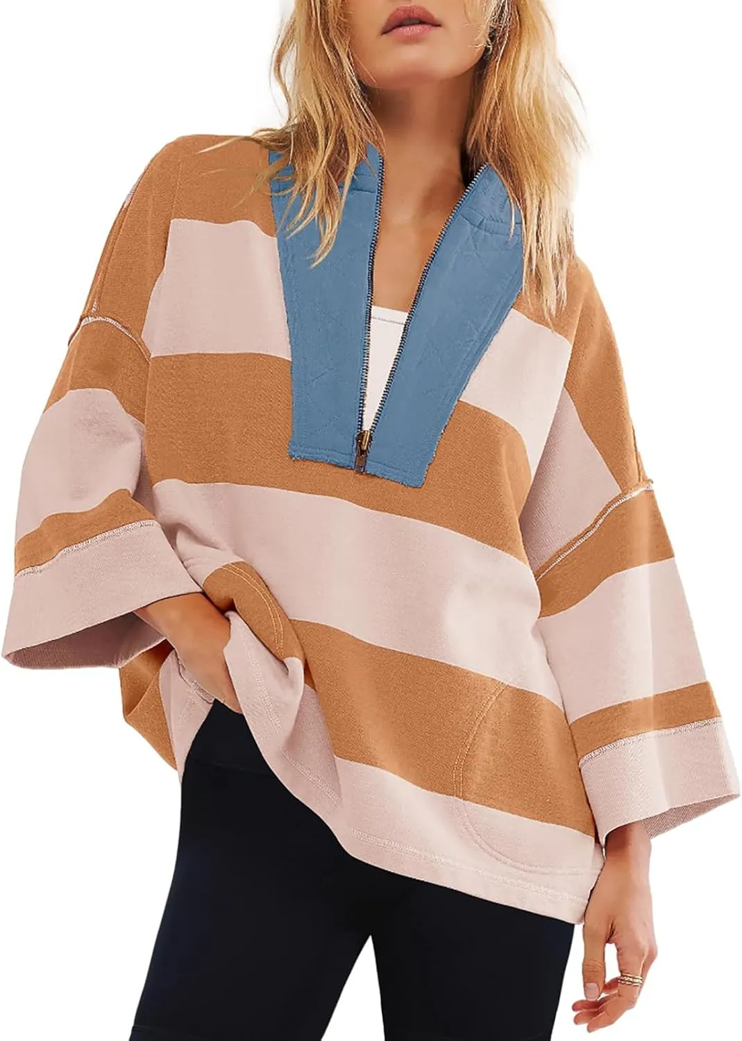 Women Color Block Oversized Sweatshirts Loose Fit Trendy Pullover Tops V Neck Cute Preppy Sweatshirts Y2K Fall Clothes