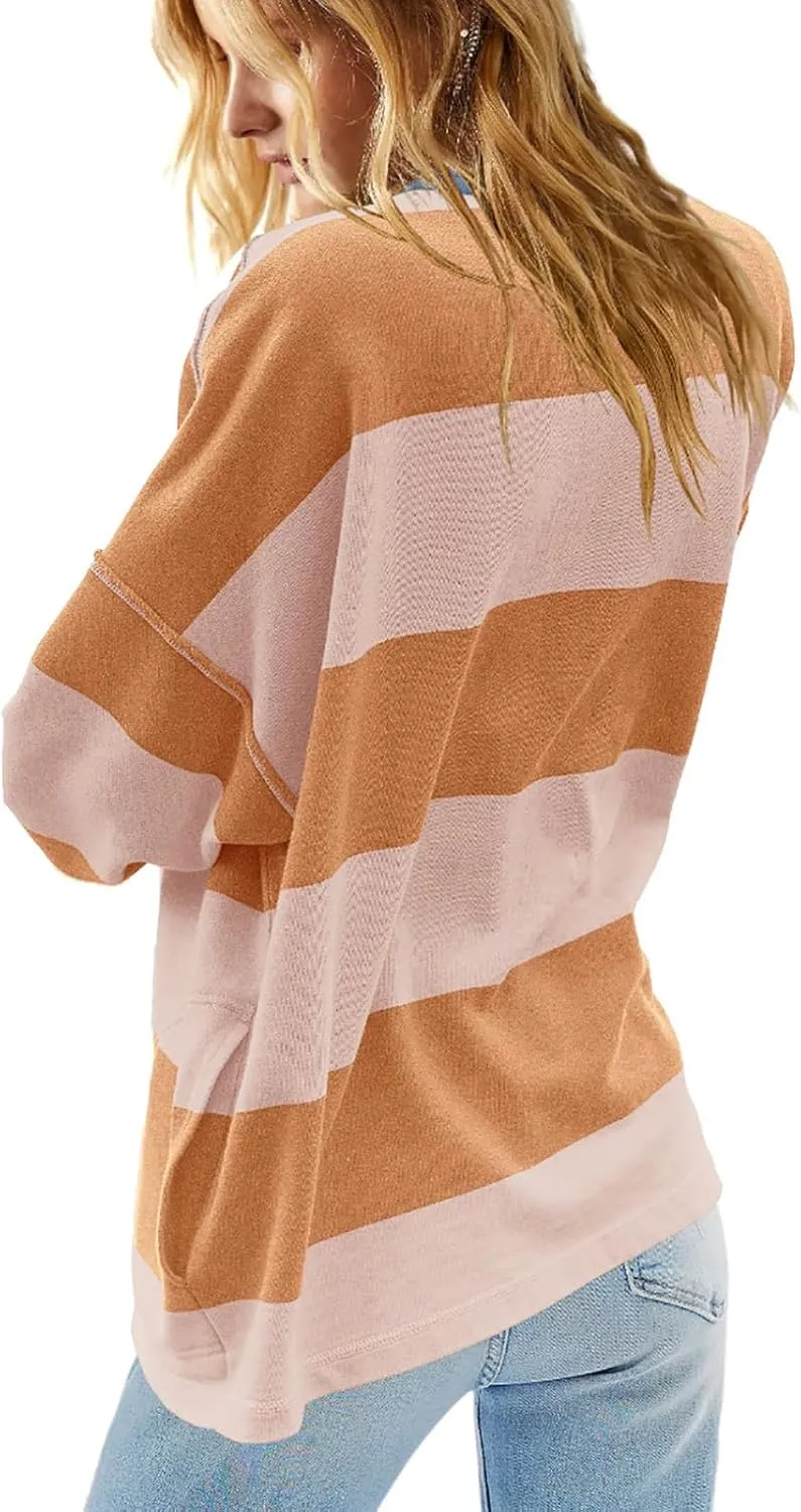 Women Color Block Oversized Sweatshirts Loose Fit Trendy Pullover Tops V Neck Cute Preppy Sweatshirts Y2K Fall Clothes