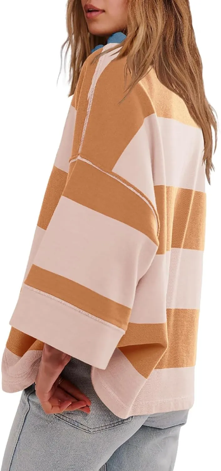 Women Color Block Oversized Sweatshirts Loose Fit Trendy Pullover Tops V Neck Cute Preppy Sweatshirts Y2K Fall Clothes
