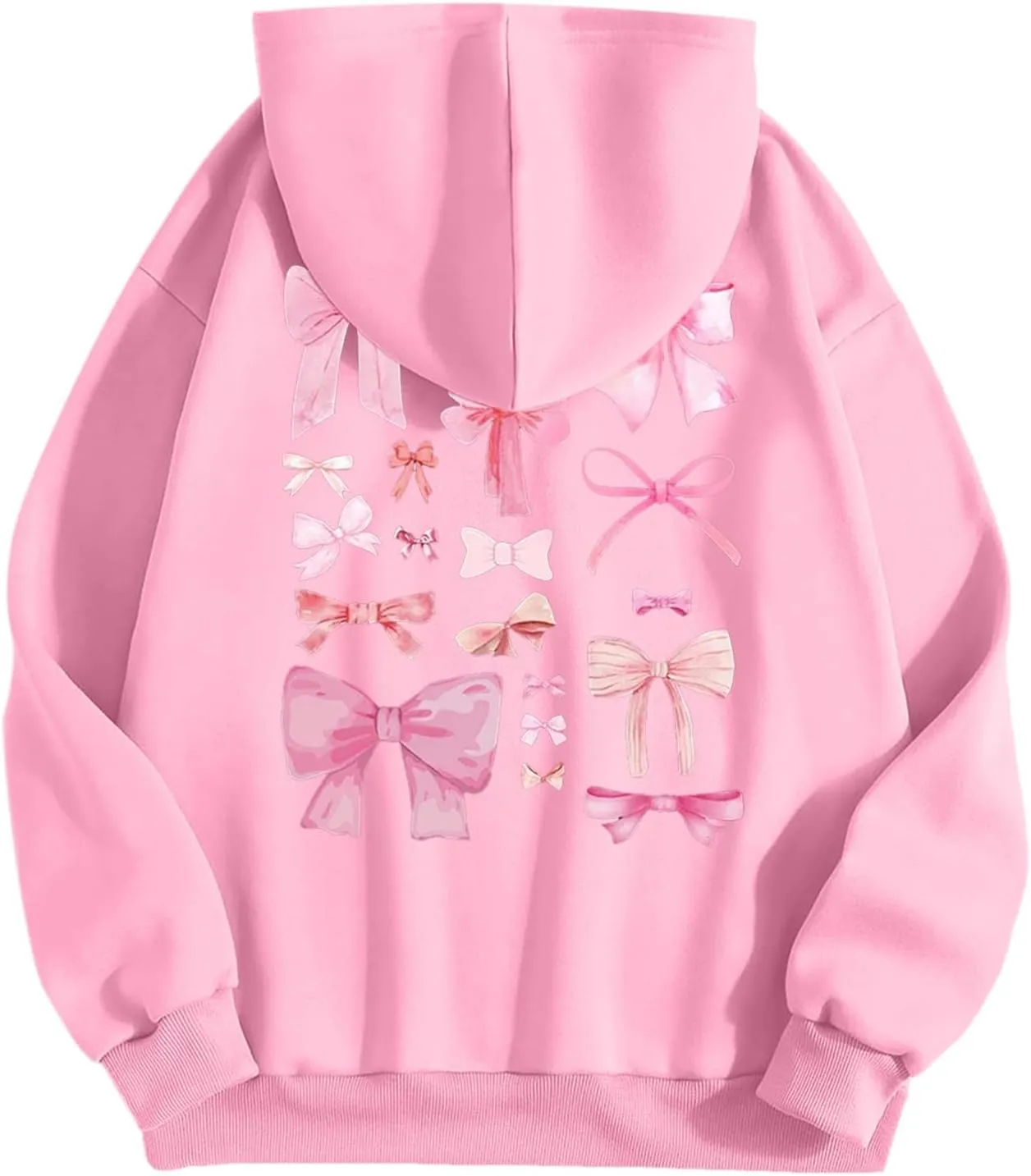 Women Cute Bow Print Hoodie Comfy Preppy Hooded Sweatshirt for Teen Girls Long Sleeve Drawstring Pullover Tops Pocket